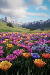 Vibrant wildflower field in the mountains during a sunny day
