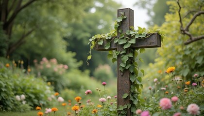 A cross is covered in vines and surrounded by a field of flowers