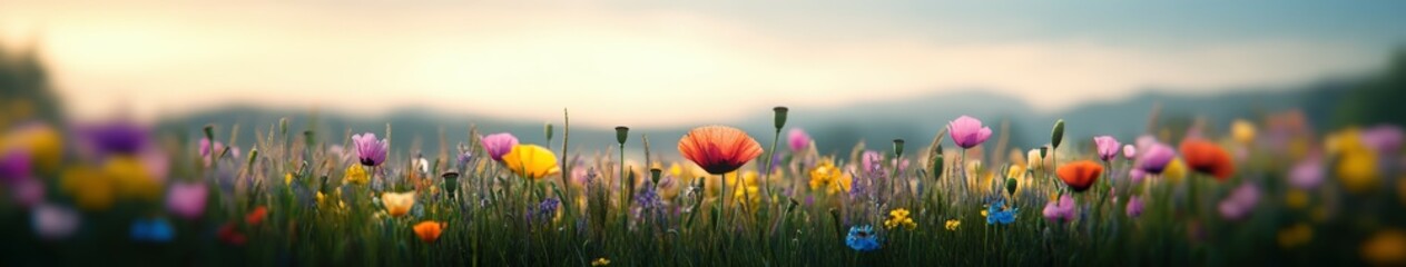 Fototapeta premium Colorful wildflower meadow under a soft morning light in springtime