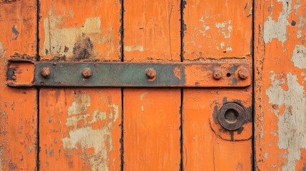 Fototapeta premium Vintage Orange Door with Rusty Locking Mechanism and Weathered Wood