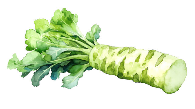 watercolor illustration of one single wasabi root isolated on white background