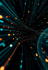 Fototapeta premium Motion of digital data flow. Communication and technology network concept with moving lines and dots, pop-art, with white tones