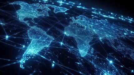 Global network connection, world map with glowing lines representing data flow and communication across continents.