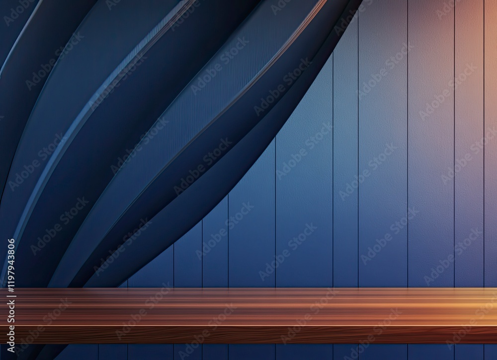 Poster wooden table with blue wall background, for product display presentation design mock-up template. ve