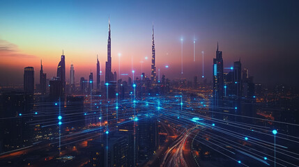 Fototapeta premium Abstract business man stands on the peak of success amid tall, innovative Smart city and graphs with statistics to analyze business potential and predict future developments in company growth.