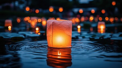 Floating lanterns illuminate a tranquil pond during an evening festival celebration