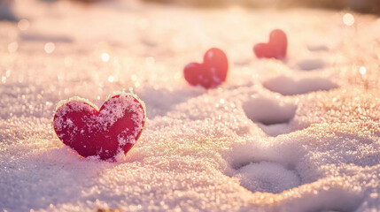Fototapeta premium Romantic Valentine's Day background with heart-shaped footprints in snow