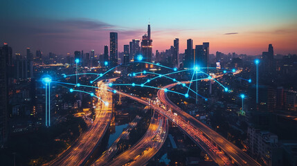 Fototapeta premium Abstract business man stands on the peak of success amid tall, innovative Smart city and graphs with statistics to analyze business potential and predict future developments in company growth.