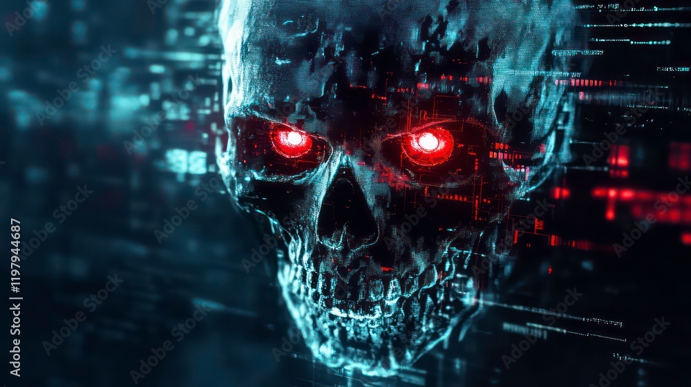 Poster glowing skull with red eyes, digital code background.