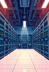 Concept of a data center room with servers and network effects, flat papercut style, with white tones