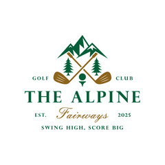 Mountain Golf Course with Forest Tree, Golf Stick, Ball Emblem Badge Logo Design