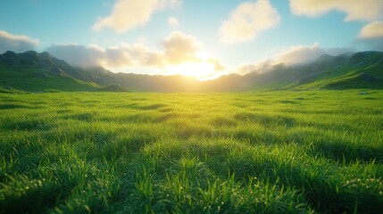 Obraz premium Sunset over grassy valley, mountain background