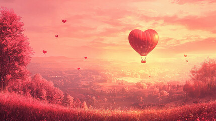 Fototapeta premium Heart-shaped hot air balloon floating over a scenic landscape for a romantic Valentine's Day