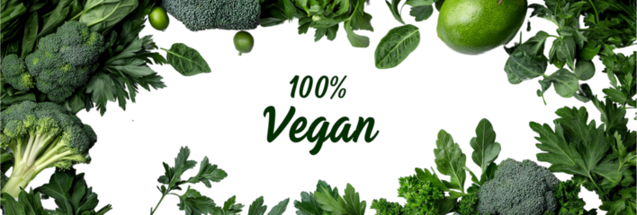 A close up of a variety of vegetables with the words 100% Vegan written in white