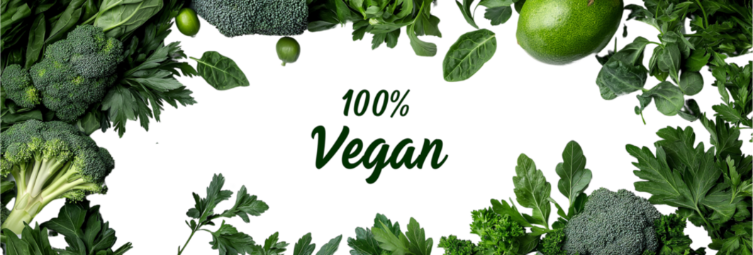 A close up of a variety of vegetables with the words 100% Vegan written in white - Powered by Adobe