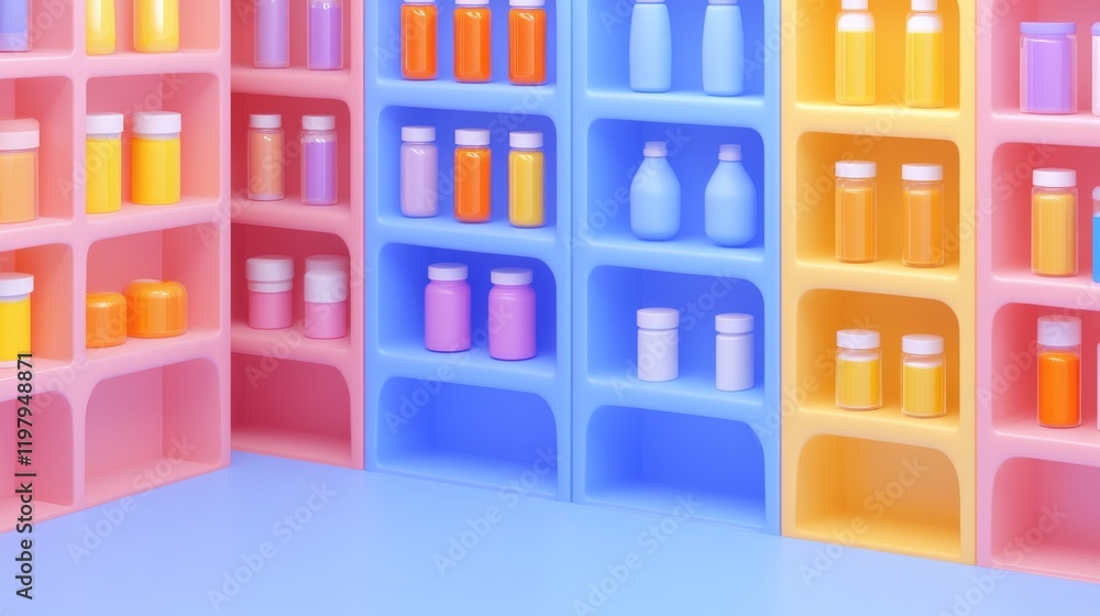 Poster a vibrant display of colorful shelves stocked with various bottles and jars, creating a playful and 