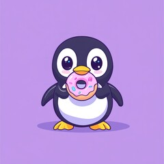 Cute penguin eating donut, purple background, kids illustration