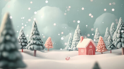 Fototapeta premium A whimsical winter scene in soft pastels captures the magic of a snowy wonderland. Sunweave. Illustration