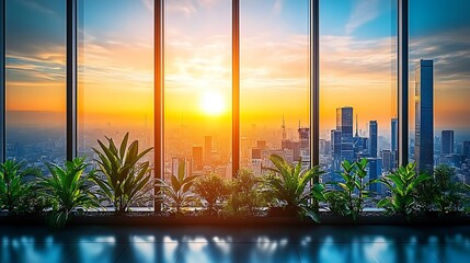 Stunning Cityscape Sunset Viewed Through Panoramic Window