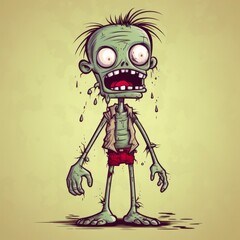 Cute Cartoon Zombie - Halloween Illustration with Scarey but Skittish Retro Doodle Drawing