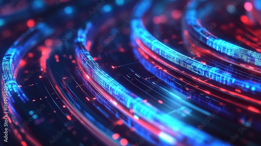 Poster abstract representation of data transfer with luminous cables against a dark background.