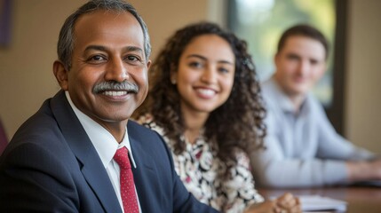A man with a mustache and a woman with curly hair are smiling at the camera. The man is wearing a suit and tie, while the woman is wearing a dress. The scene appears to be a professional setting