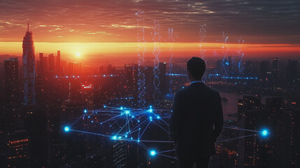 Abstract business man stands on the peak of success amid tall, innovative Smart city and graphs with statistics to analyze business potential and predict future developments in company growth.