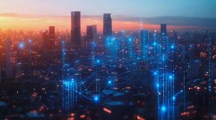 Fototapeta premium Abstract business man stands on the peak of success amid tall, innovative Smart city and graphs with statistics to analyze business potential and predict future developments in company growth.