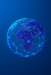 Fototapeta premium Blue network mesh covering the globe, indicating global connectivity and internet infrastructure, studio lighting, with white tones