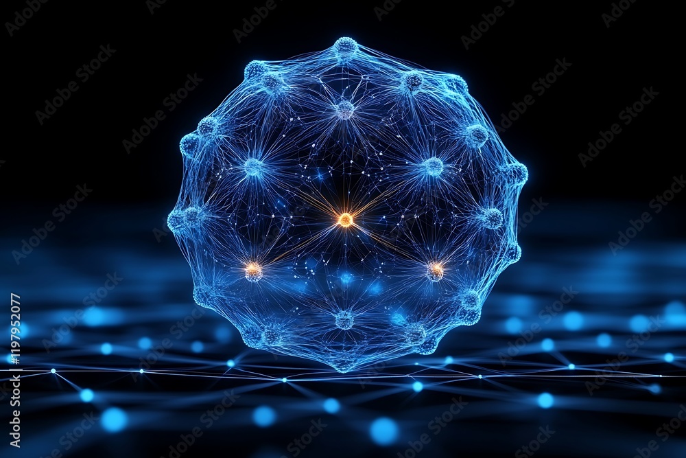 Poster abstract digital network sphere with glowing nodes