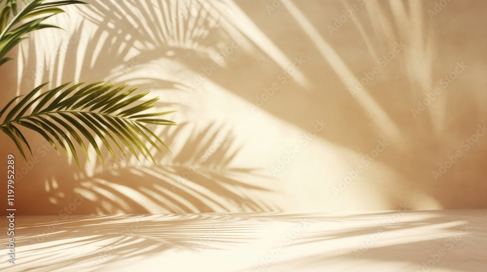 Poster elegant minimalistic product placement background featuring palm shadows.