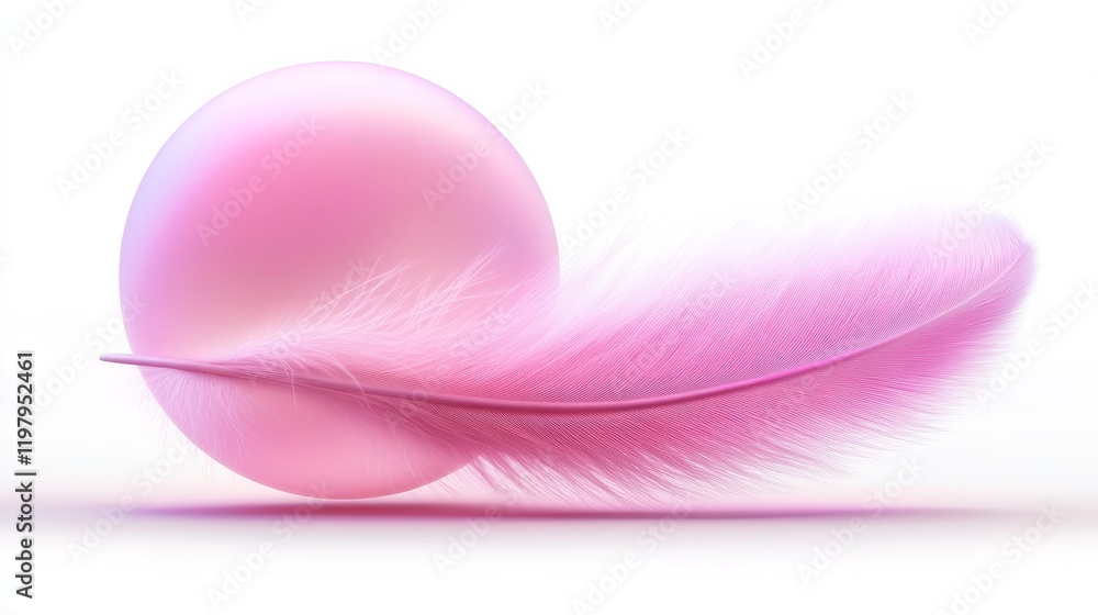 Poster a soft pink feather lightly rests beside a delicate sphere, creating a serene and elegant compositio