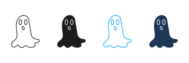 Scary Ghost Line and Silhouette Icon Set. Spooky Halloween Spirit Symbol. Editable Stroke. Isolated Vector Illustration