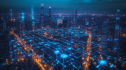 Abstract business man stands on the peak of success amid tall, innovative Smart city and graphs with statistics to analyze business potential and predict future developments in company growth.