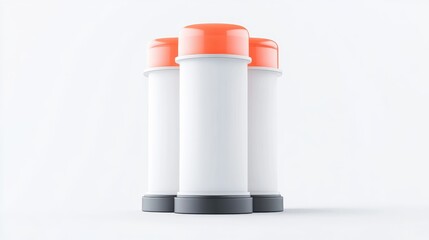 Three cylindrical containers with orange lids arranged on a white background, emphasizing a minimalist design.