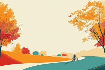 A serene autumn landscape featuring a cyclist on a winding path surrounded by colorful trees.