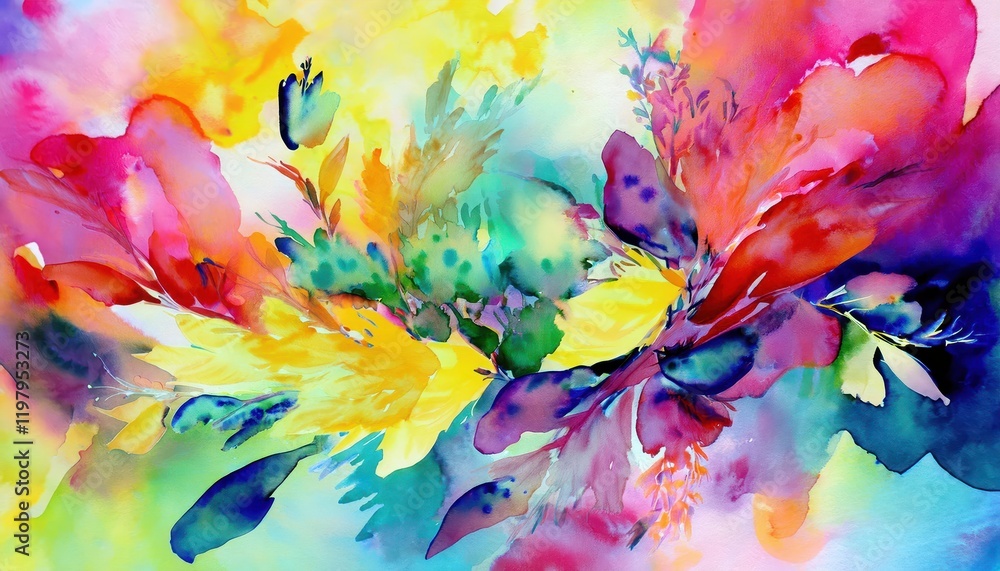 Poster vibrant and expressive watercolor abstraction exploring emotion through color, texture, and fluid fo