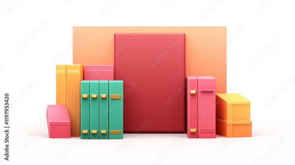 Poster a colorful arrangement of geometric boxes and cases in vibrant hues, creating a modern, playful disp