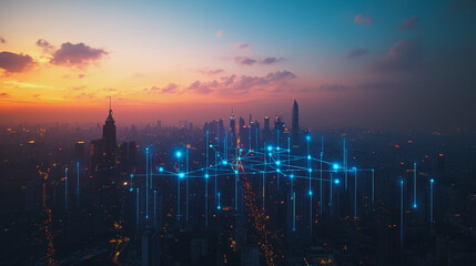 Fototapeta premium Abstract business man stands on the peak of success amid tall, innovative Smart city and graphs with statistics to analyze business potential and predict future developments in company growth.