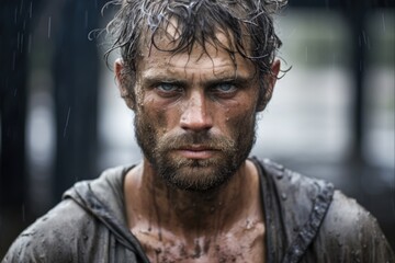 Fototapeta premium Dirty Portrait of Young Muscular Man with Intense Expression on Grungy Background