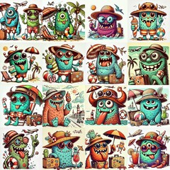 Obraz premium Funny cartoon monsters on vacation. AI generated illustration