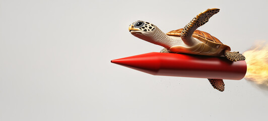 A turtle riding on a red rocket, isolated on a white background