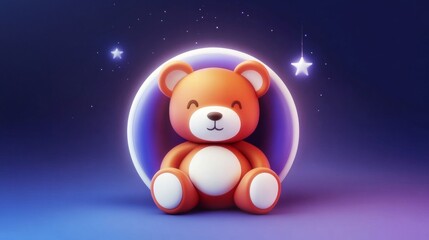 Obraz premium A cute cartoon teddy bear sits against a starry backdrop, exuding a sense of comfort and joy in a whimsical, colorful design.