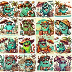 Obraz premium Funny cartoon monsters on vacation. AI generated illustration