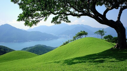 Serene hillside tree, coastal view, green grass, mountain backdrop, travel brochure