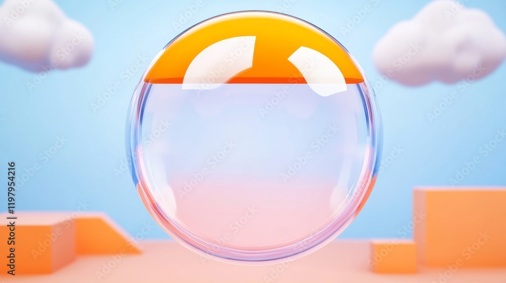 Aufkleber a colorful, translucent bubble floats against a serene blue backdrop with soft clouds and geometric 