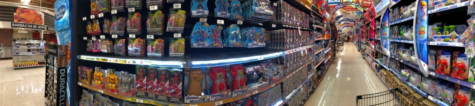 Toys neatly arranged in aisle in mexican supermarket Chedraui Selecto