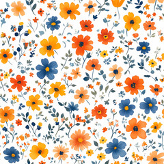 Colorful floral pattern featuring a blend of small flowers in bright hues on a white background