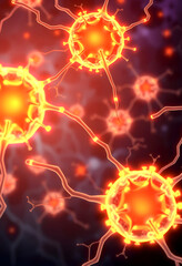 Illustration of neuron network cells with glowing link knots, digital art, with white tones