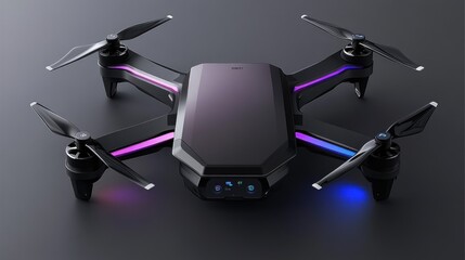 Futuristic Drone Technology: Sleek Black Drone with RGB Lighting
